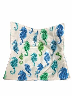 Hand Crafted Fabric Bowl Cozy with Blue & Green Seahorse Print Microwavable